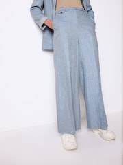 Blue Textured Linen Wide Leg Trousers - Image 4 of 6