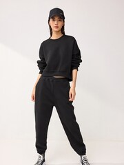 Black Heavyweight Brushed Fleece Lined High Waist Cuffed Joggers - Image 1 of 7
