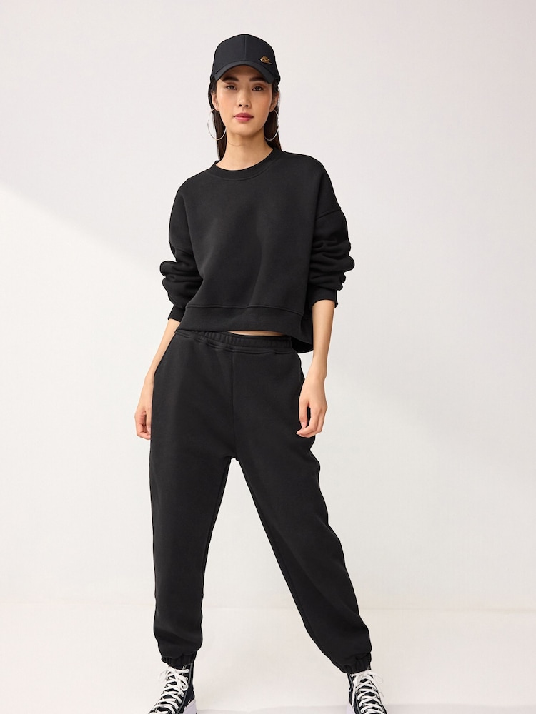 Black Heavyweight Brushed Fleece Lined High Waist Cuffed Joggers - Image 1 of 7