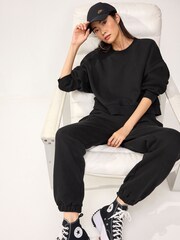 Black Heavyweight Brushed Fleece Lined High Waist Cuffed Joggers - Image 2 of 7