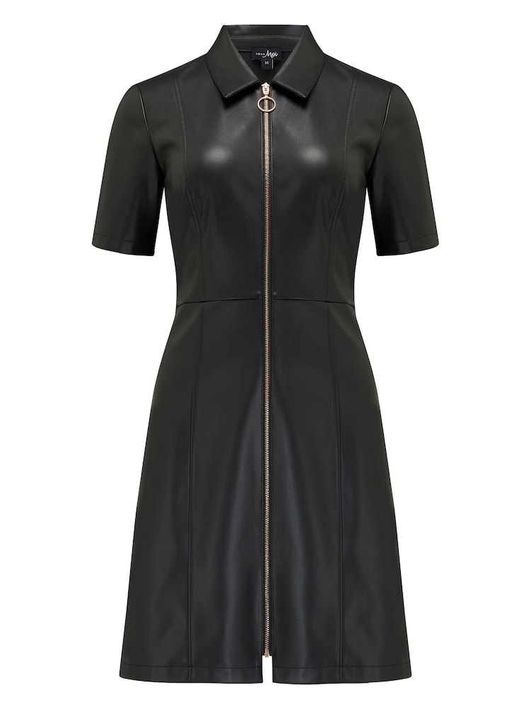 Pour Moi Black Ella Faux Leather Zip Through Mini Dress - Image 3 of 4