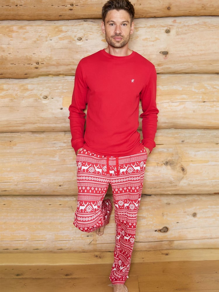 The Little Tailor Red Cotton Reindeer Fairisle Pattern Christmas Pyjamas - Image 2 of 5 The Little Tailor Red Cotton Reindeer Fairisle Pattern Christmas Pyjamas - Image 2 of 5