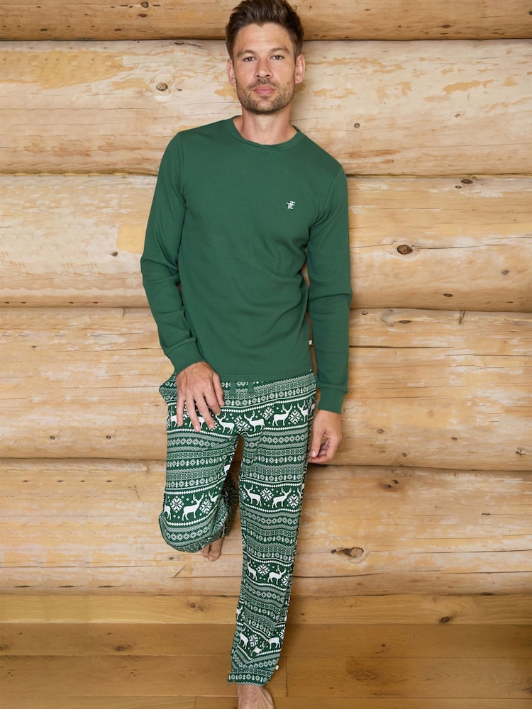 The Little Tailor Green Cotton Reindeer Fairisle Pattern Christmas Pyjamas - Image 1 of 5 The Little Tailor Green Cotton Reindeer Fairisle Pattern Christmas Pyjamas - Image 1 of 5