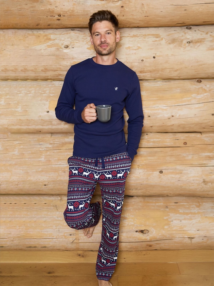 The Little Tailor Blue Cotton Reindeer Fairisle Pattern Christmas Pyjamas - Image 1 of 5 The Little Tailor Blue Cotton Reindeer Fairisle Pattern Christmas Pyjamas - Image 1 of 5