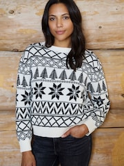 The Little Tailor Cream/Black Cotton Fitted Winter Fairisle Christmas Jumper - Image 2 of 5