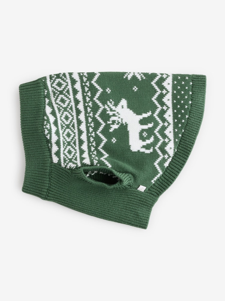 The Little Tailor Green Cotton Reindeer Christmas Dog Jumper - Image 1 of 1 The Little Tailor Green Cotton Reindeer Christmas Dog Jumper - Image 1 of 1