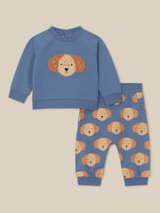 Monsoon Blue Newborn Dog Cotton Sweatshirt & Joggers Set - Image 1 of 2