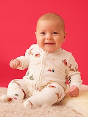 MORI Cream Supersoft Christmas Sleigh Two Way Zip-Up Sleepsuit - Image 1 of 5
