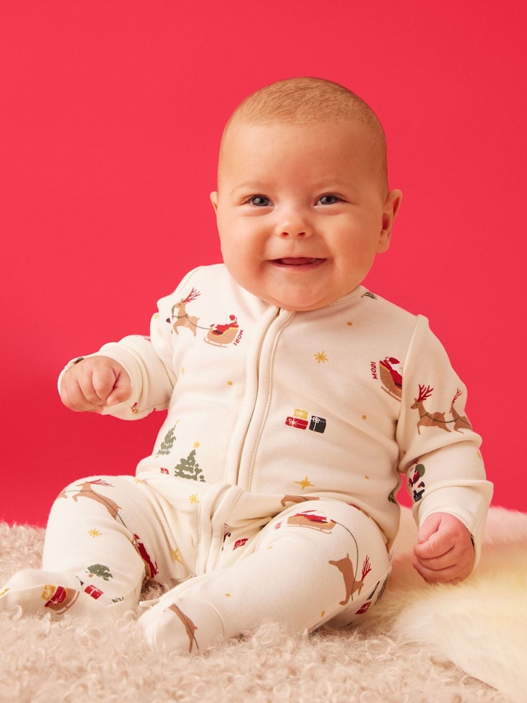 MORI Cream Supersoft Christmas Sleigh Two Way Zip-Up Sleepsuit - Image 1 of 5 MORI Cream Supersoft Christmas Sleigh Two Way Zip-Up Sleepsuit - Image 1 of 5