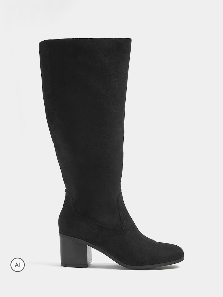 Yours Curve Black Extra Wide Fit Stacked Heel Faux Suede Boots - Image 2 of 5 Yours Curve Black Extra Wide Fit Stacked Heel Faux Suede Boots - Image 2 of 5
