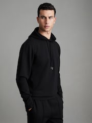 Reiss Black Fabien Interlock Jersey Drawstring Hoodie - Image 1 of 7