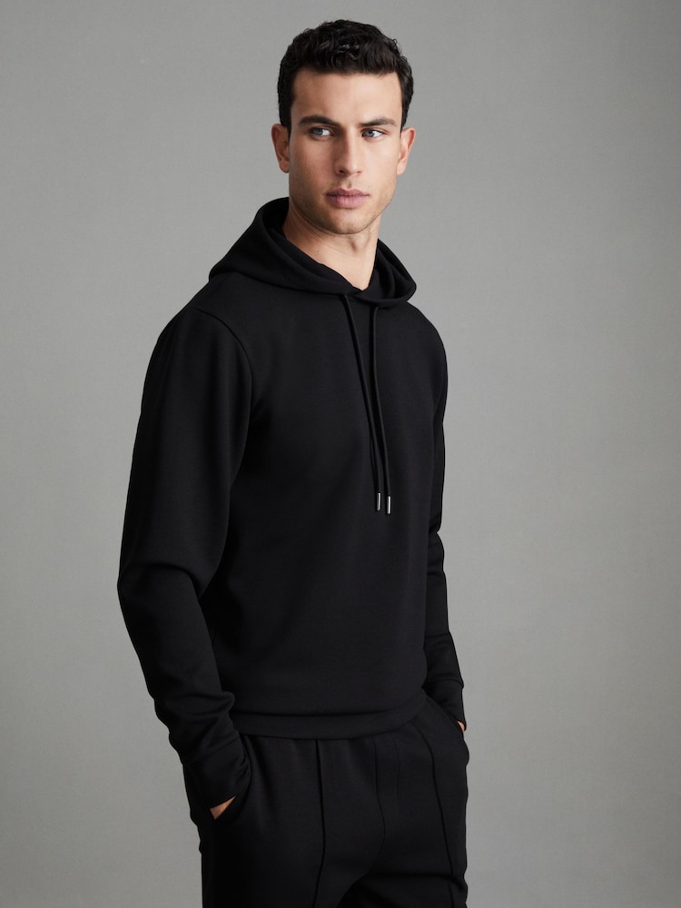 Reiss Black Fabien Interlock Jersey Drawstring Hoodie - Image 1 of 7