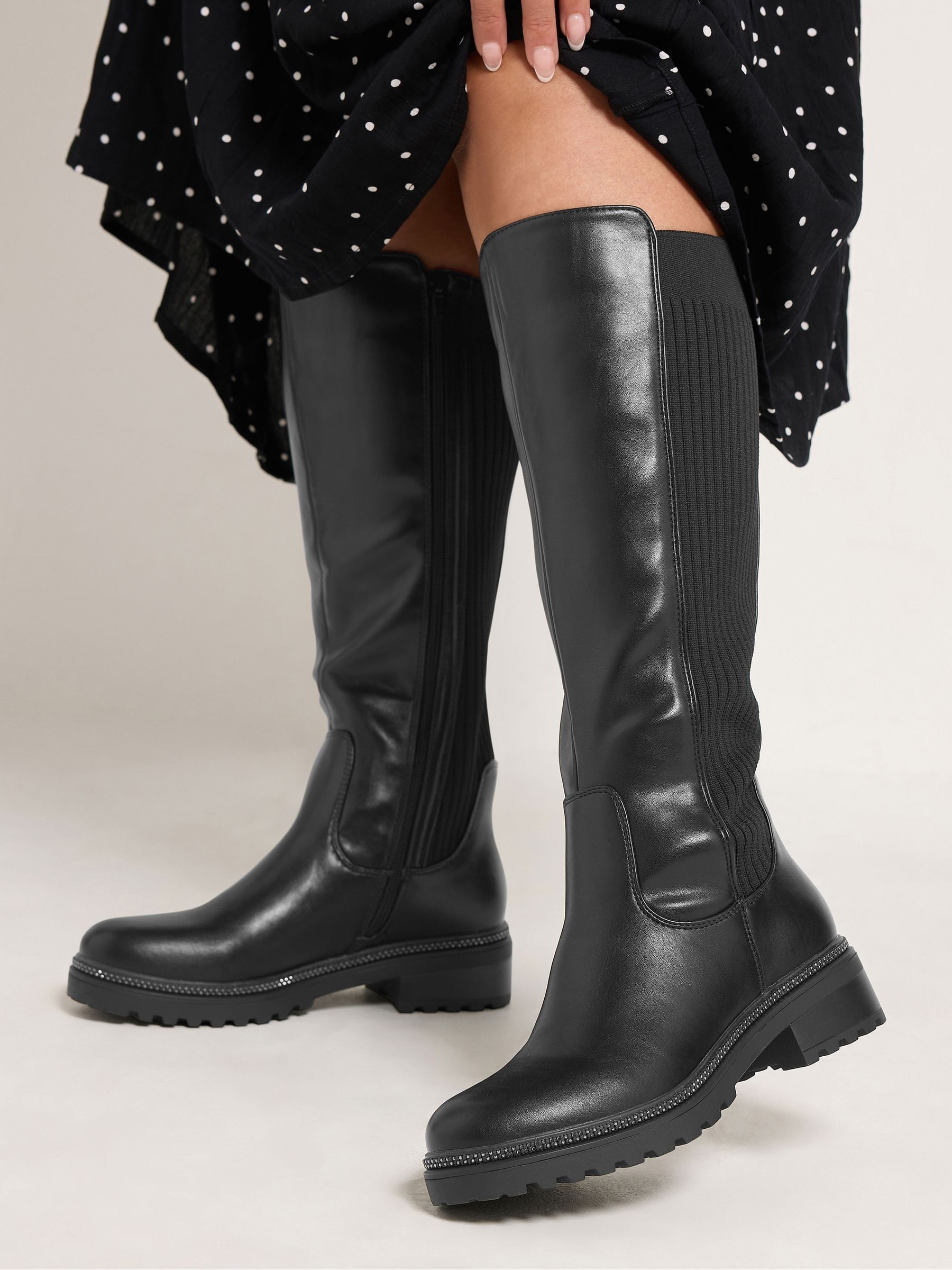 Yours Curve Women's Black Extra Wide Fit Ribbed Knit Panel Knee High Boots In Wide
