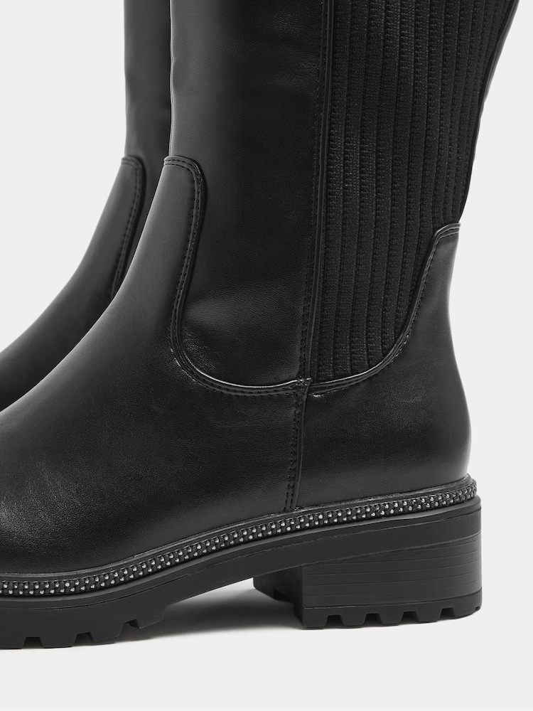 Yours Curve Ribbed Knit Panel Knee High Boots In Wide - صورة 4 من 4 Yours Curve Ribbed Knit Panel Knee High Boots In Wide - صورة 4 من 4