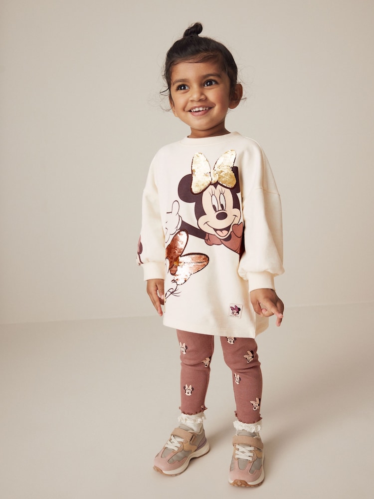 Ecru White Disney Minnie Mouse And Daisy Sequin Long Sleeve 100% Cotton T-Shirt And Leggings Set (3mths-7yrs) - Image 1 of 9