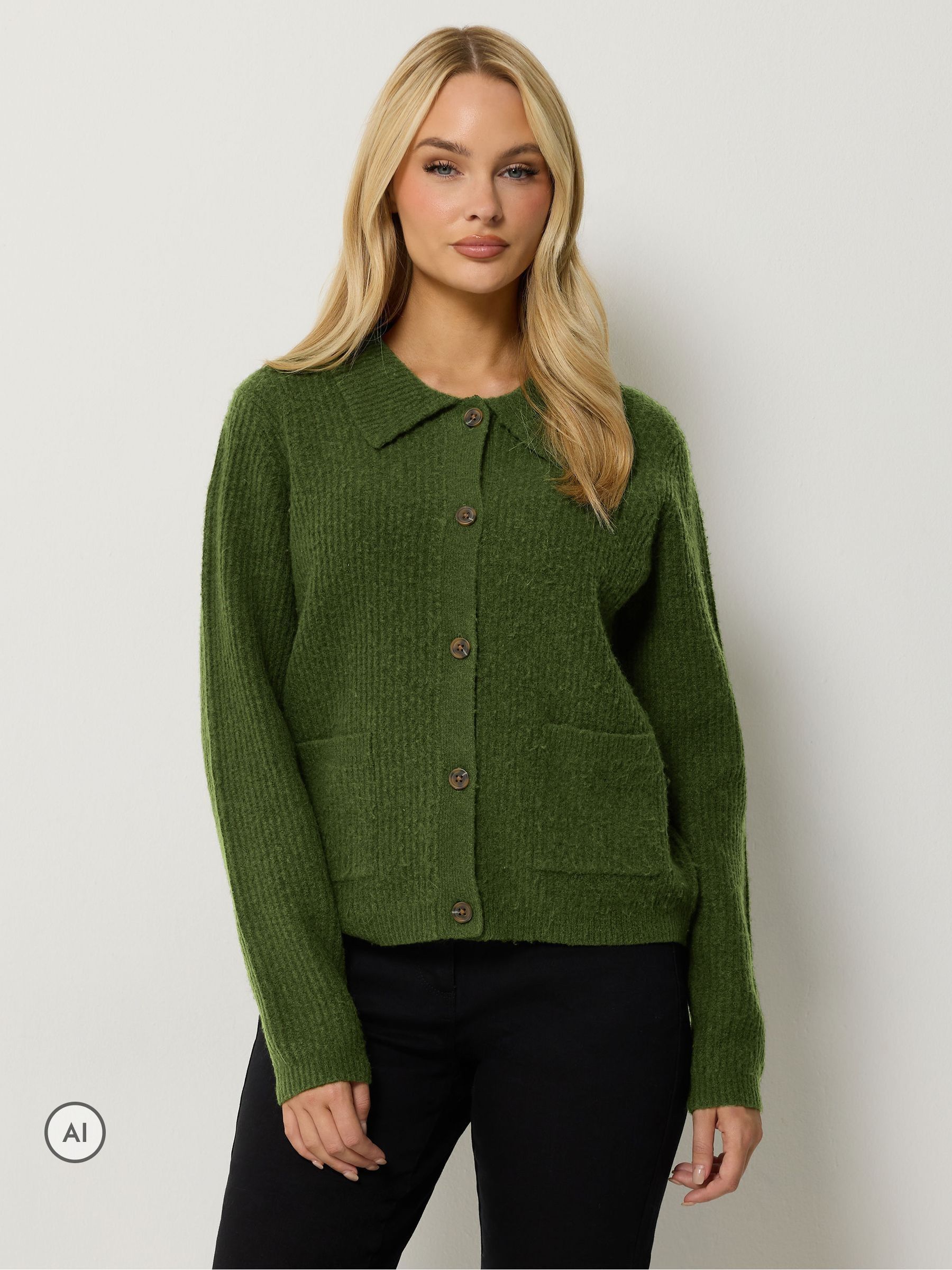 M & Co Women's Green Button Up Pocket Detail Cardigan