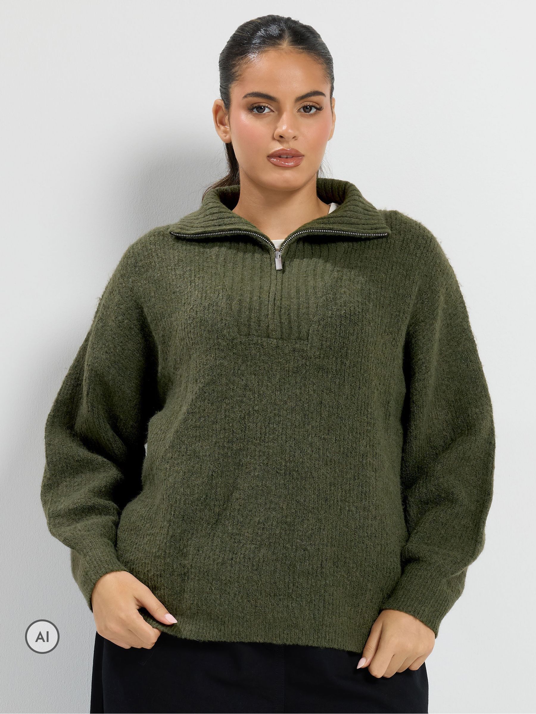 Yours Curve Women's Green Zip Neck Knitted Jumper - Image 1
