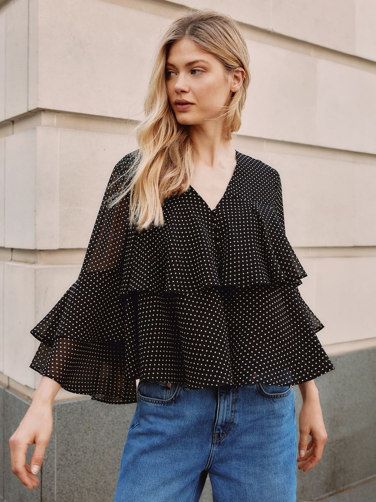 Albaray Black Chiffon Spot Ruffle Top - Image 1 of 5 Albaray Black Chiffon Spot Ruffle Top - Image 1 of 5