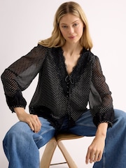 Albaray Black Lace Trim Chiffon Spot Blouse - Image 1 of 6