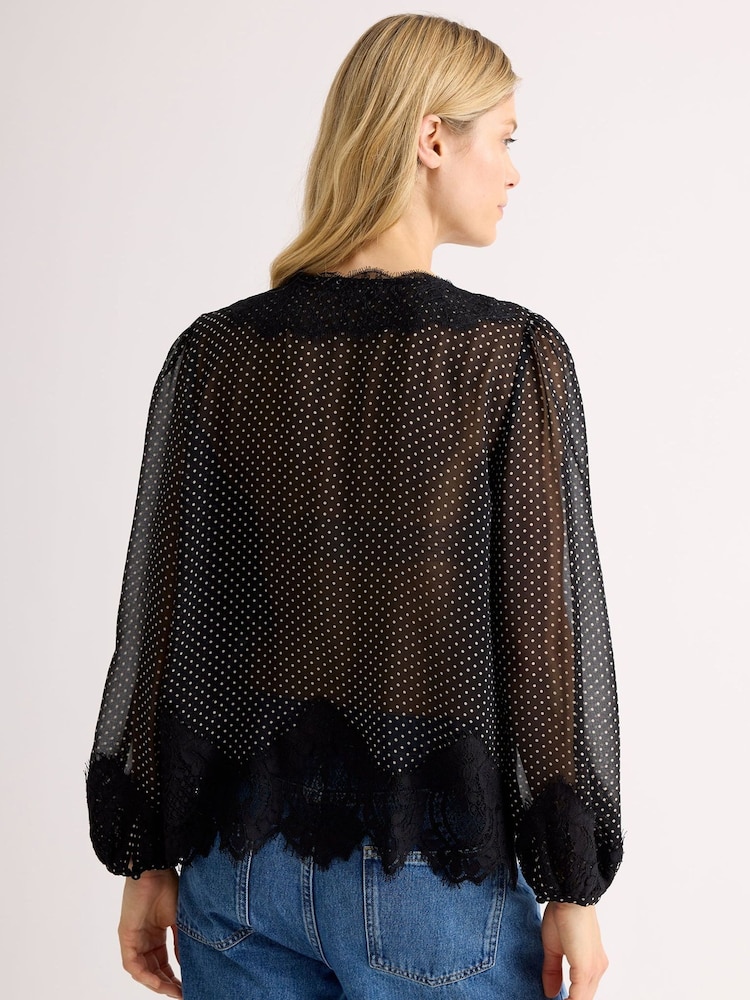 Albaray Black Lace Trim Chiffon Spot Blouse - Image 2 of 6