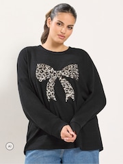 Yours Curve Black Leopard Bow Sequin Sweatshirt - Image 1 of 6