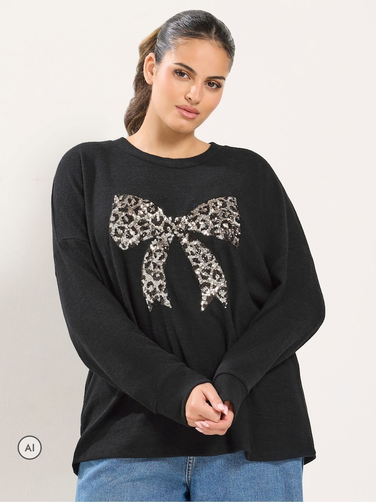 Yours Curve Black Leopard Bow Sequin Sweatshirt - Image 1 of 6
