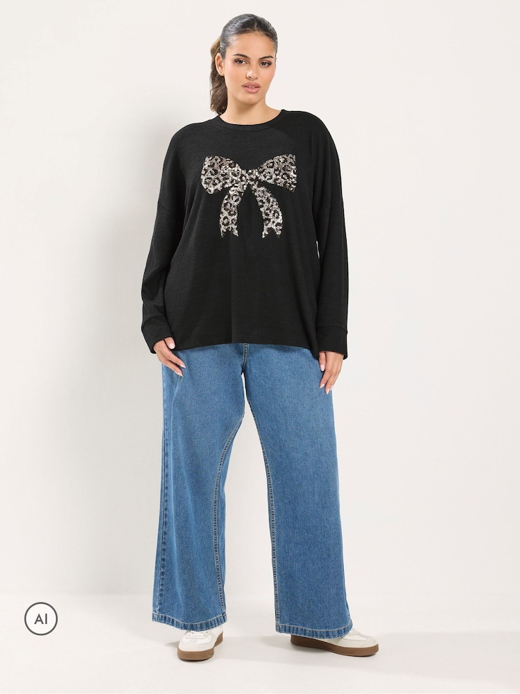 Yours Curve Black Leopard Bow Sequin Sweatshirt - Image 2 of 6