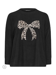 Yours Curve Black Leopard Bow Sequin Sweatshirt - Image 5 of 6
