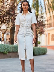 Sosandar Cream 100% Cotton Ruched Detail Short Sleeve Shirt Midi Dress - Image 3 of 4