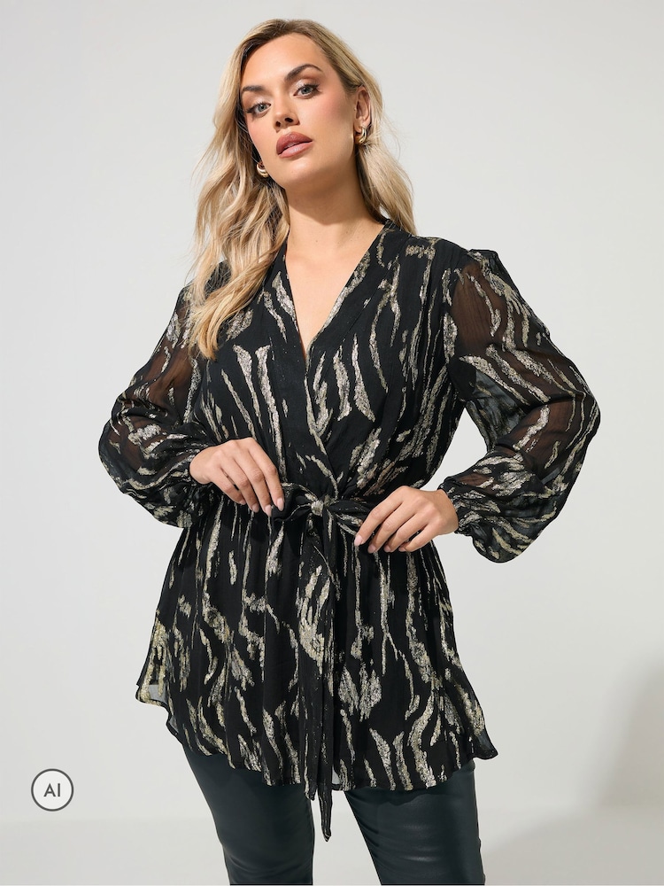 Yours Curve Black London Metallic Wrap Blouse - Image 1 of 6 Yours Curve Black London Metallic Wrap Blouse - Image 1 of 6