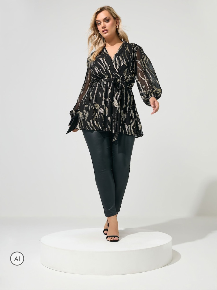 Yours Curve Black London Metallic Wrap Blouse - Image 2 of 6 Yours Curve Black London Metallic Wrap Blouse - Image 2 of 6