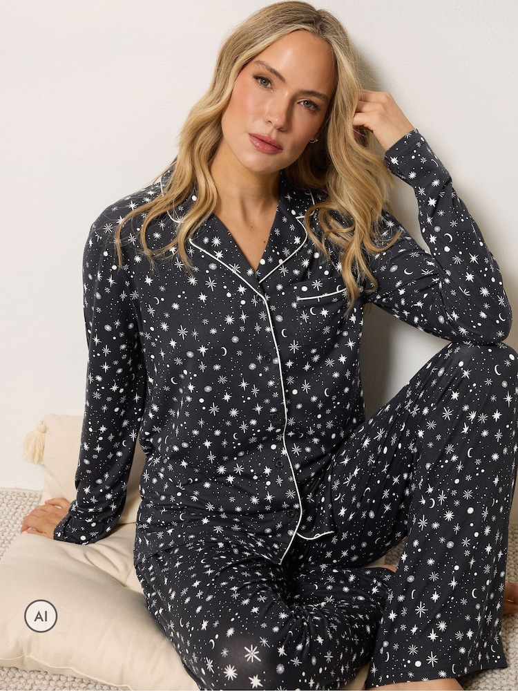 Long Tall Sally Black Star Print Soft Touch Pyjamas Set - Image 1 of 6 Long Tall Sally Black Star Print Soft Touch Pyjamas Set - Image 1 of 6
