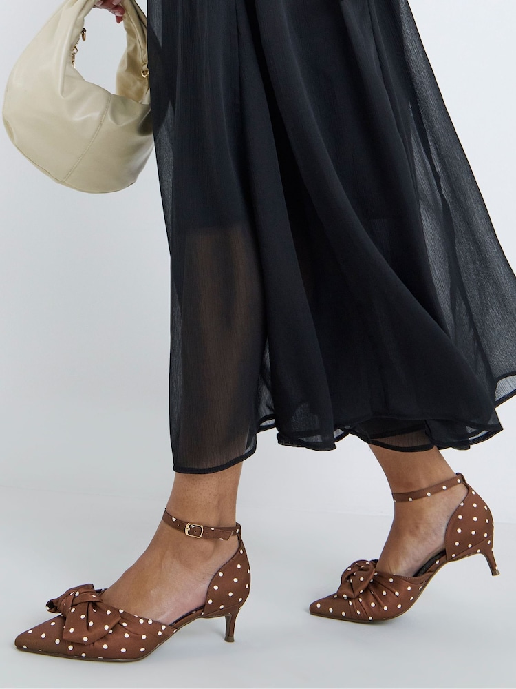 Simply Be Brown Extra Wide Fit Two Part Satin Bow Heels - Image 1 of 4 Simply Be Brown Extra Wide Fit Two Part Satin Bow Heels - Image 1 of 4