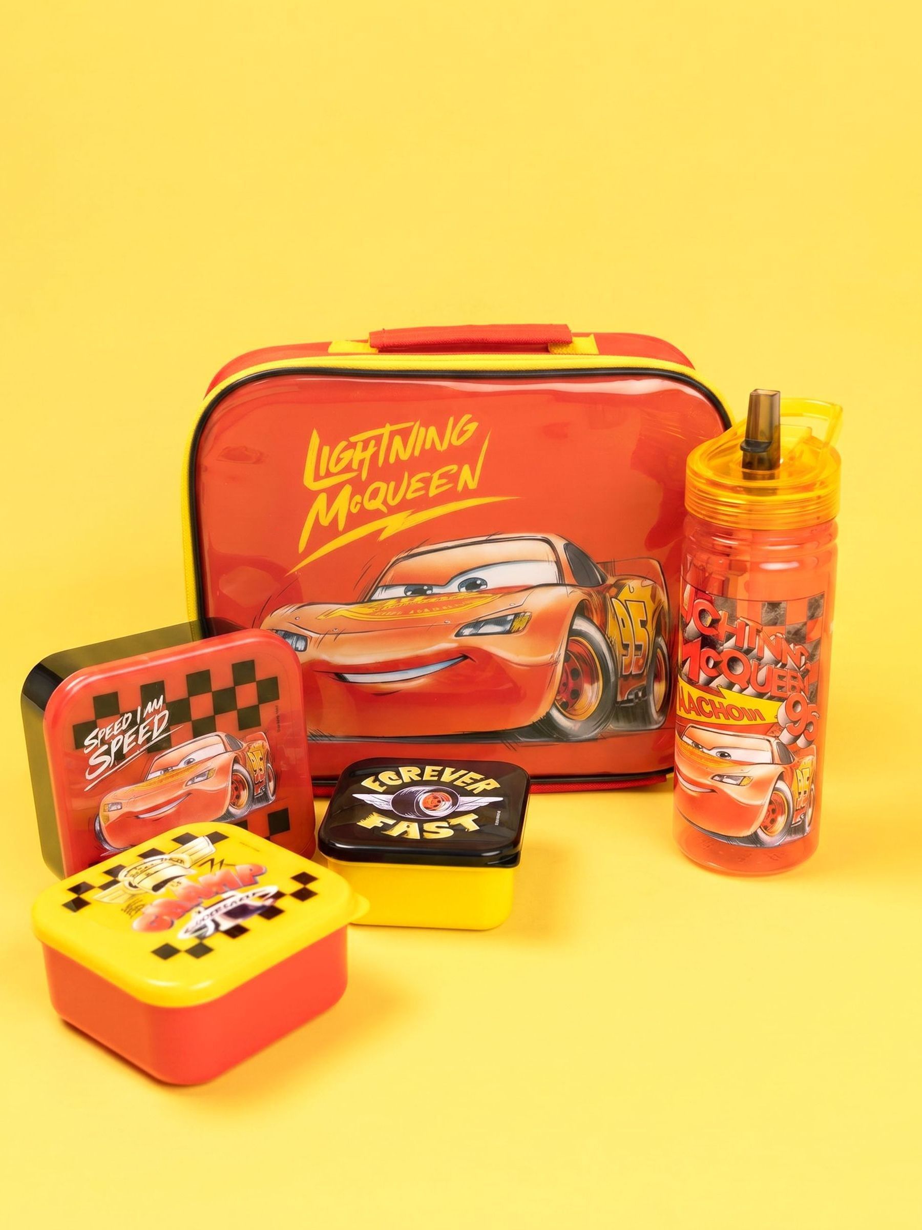 Vanilla Underground Boys Red Disney Cars Lightning Mcqueen Lunch Bag Bottle And 3 Snack Pot - Image 1