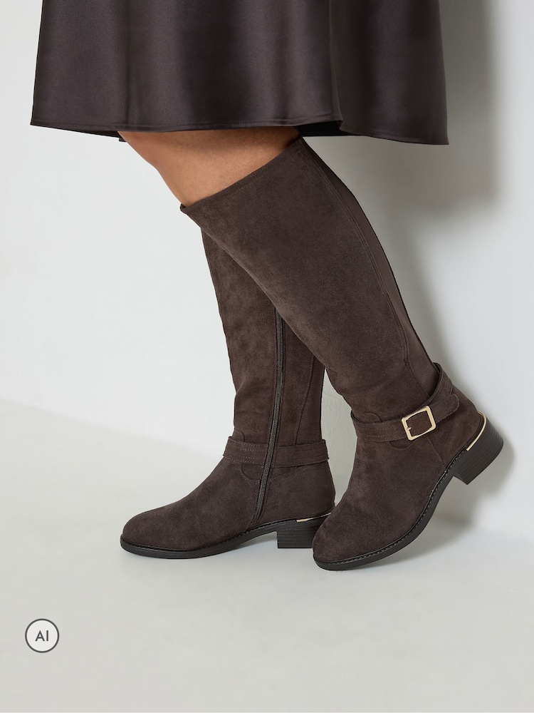 Yours Curve Brown Buckle Stitch Detail Riding Boots - Image 1 of 5