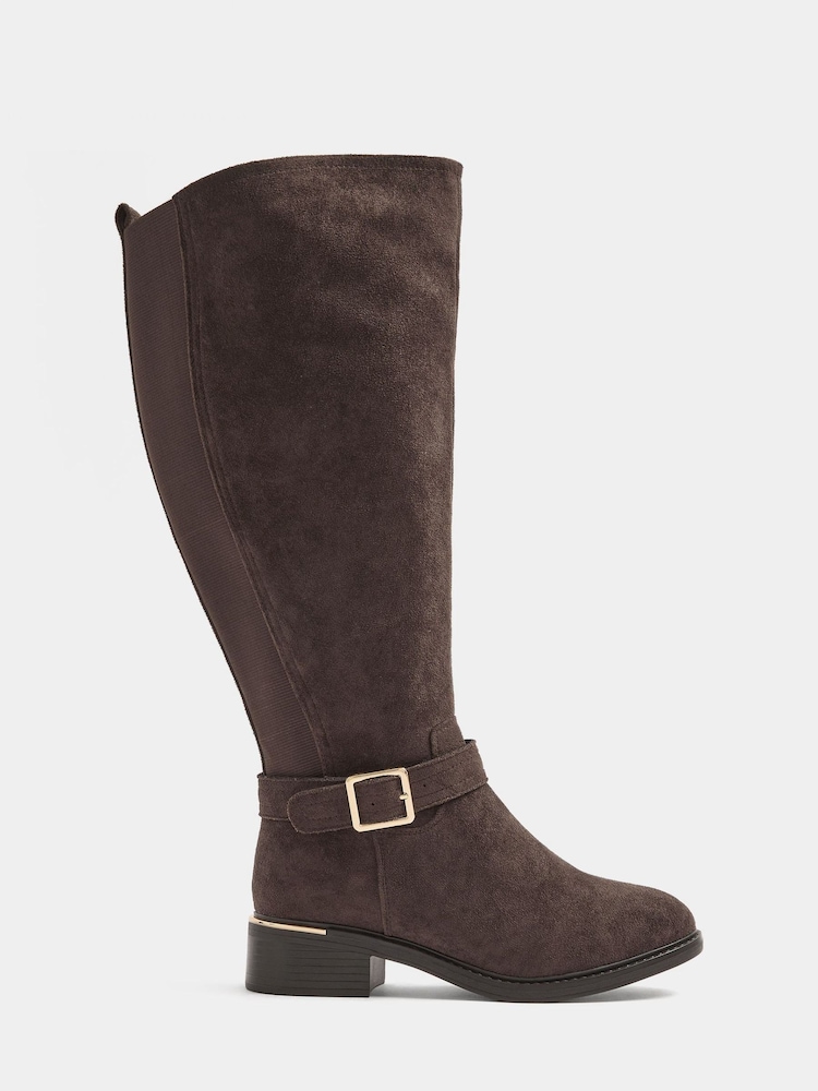 Yours Curve Brown Buckle Stitch Detail Riding Boots - Image 2 of 5