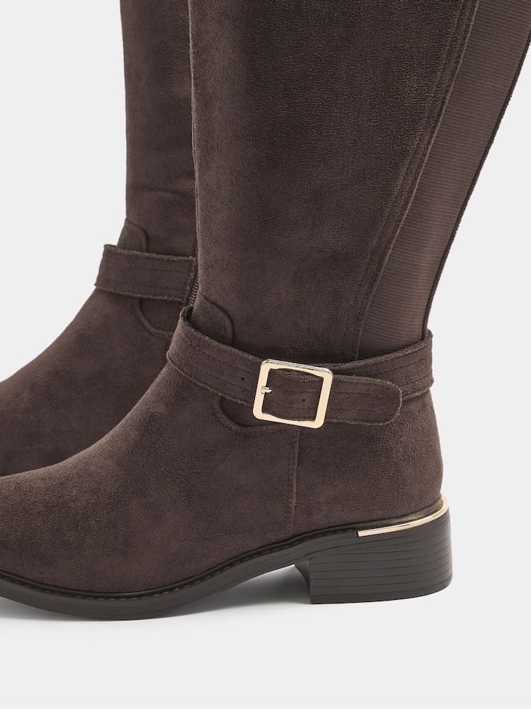 Yours Curve Brown Buckle Stitch Detail Riding Boots - Image 5 of 5