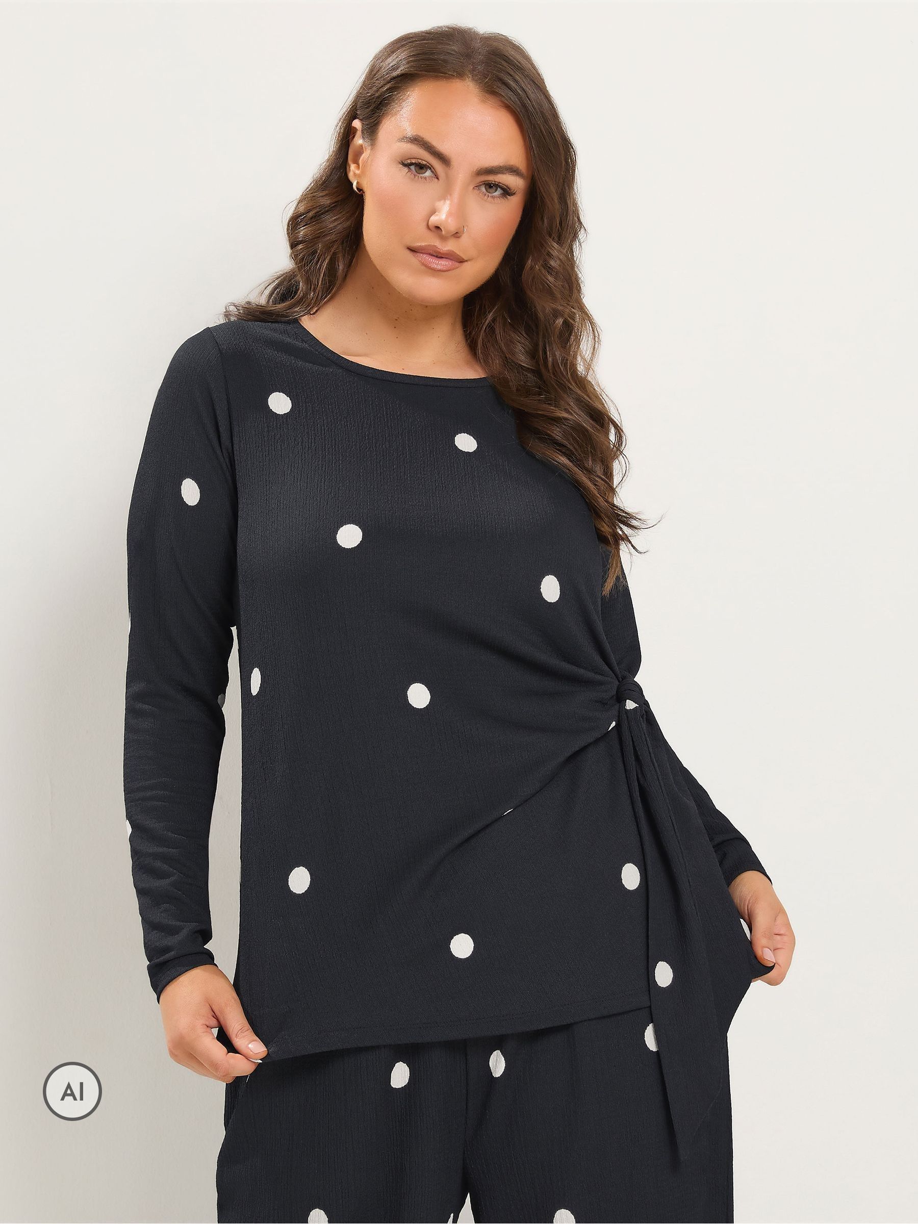 Yours Black Curve Polka Dot Knot Front Top - Image 7