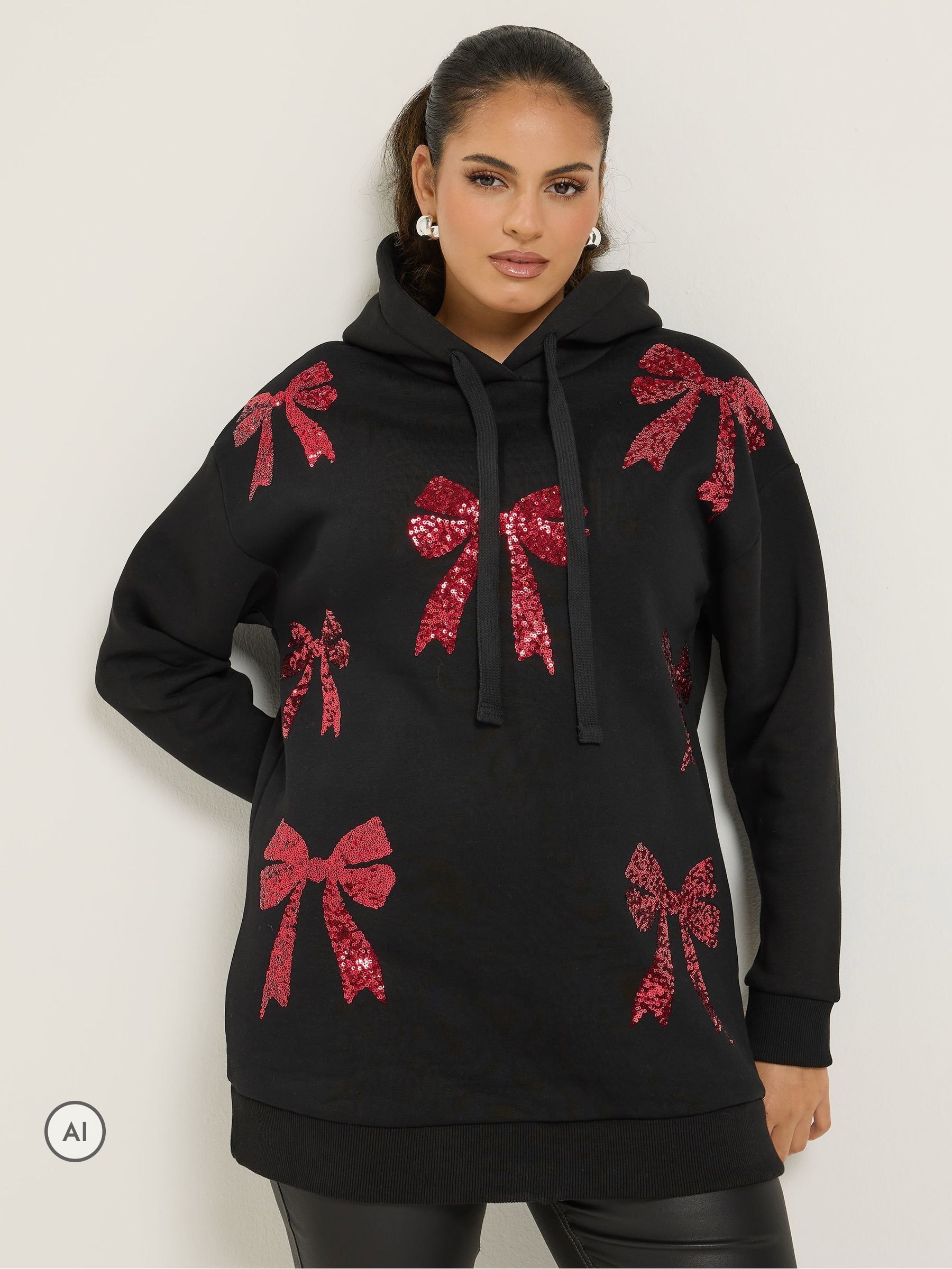 Yours Black Curve Sequin Christmas Bow Novelty Hoodie - Image 2