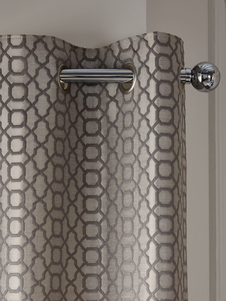 Silver Grey Next Woven Geometric Eyelet Lined Curtains - Image 1 of 5