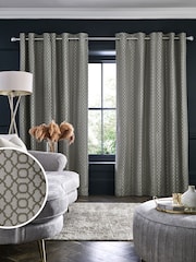 Silver Grey Next Woven Geometric Eyelet Lined Curtains - Image 2 of 5