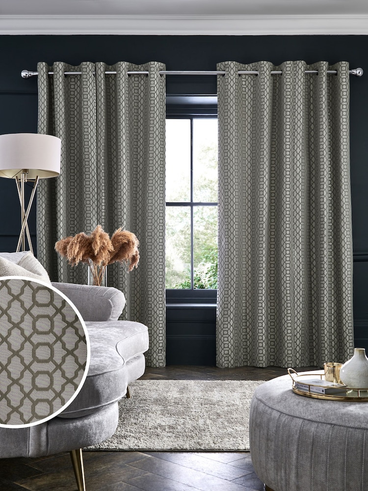 Silver Grey Next Woven Geometric Eyelet Lined Curtains - Image 2 of 5