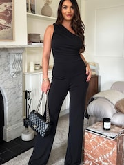 AX Paris One Shoulder Ruched Top Slinky Black Jumpsuit - Image 1 of 4