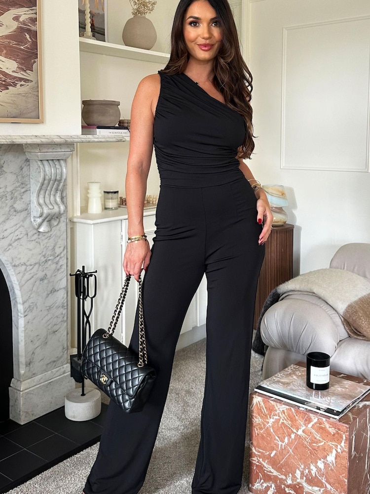 AX Paris One Shoulder Ruched Top Slinky Black Jumpsuit - Image 1 of 4