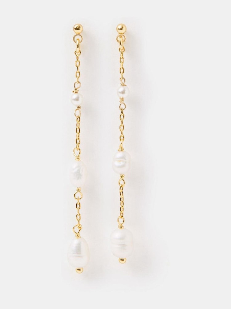Accessorize Gold Plated 14ct Pearl Chain Drop Earrings - Image 1 of 2 Accessorize Gold Plated 14ct Pearl Chain Drop Earrings - Image 1 of 2