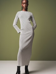 Black/White Monochrome Striped Ribbed Maxi Dress - Image 2 of 8