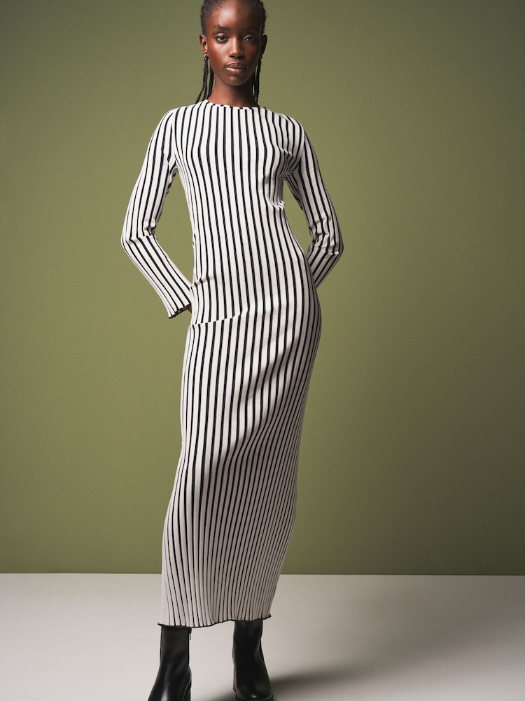 Black/White Monochrome Striped Ribbed Maxi Dress - Image 2 of 8