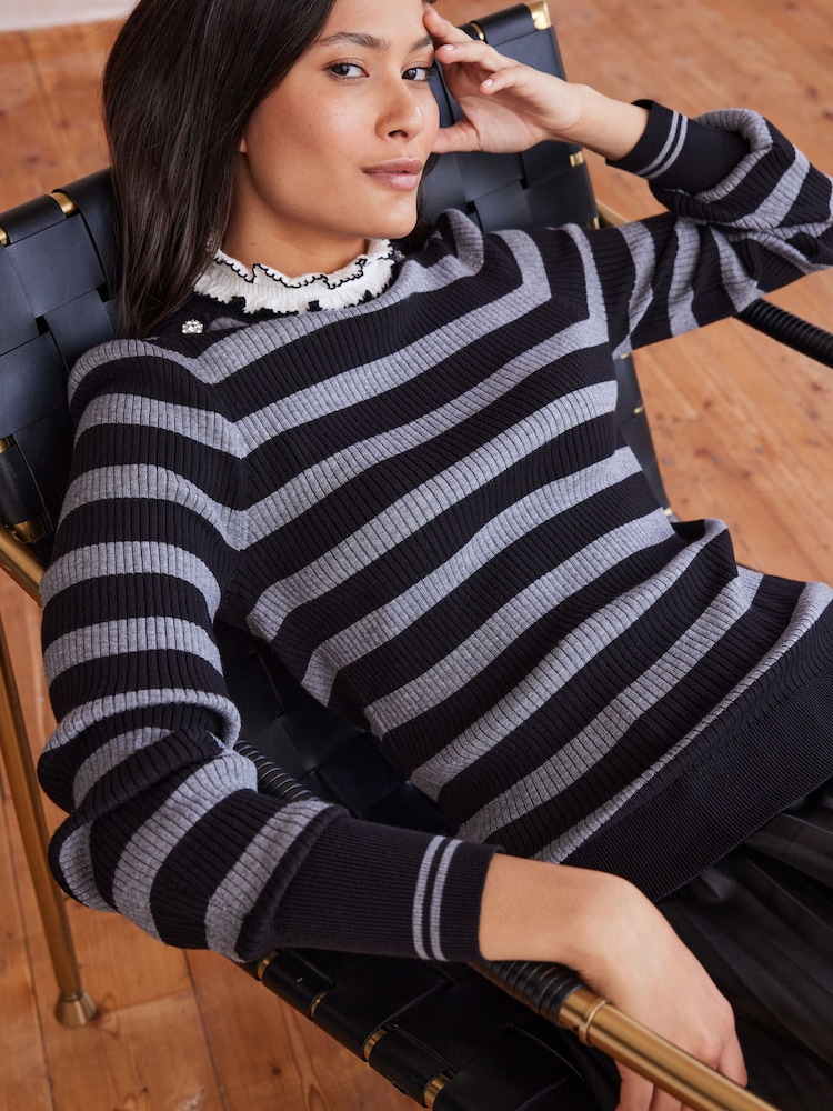 Black/Grey Pie Collar High Neck Stripe Jumper - Image 1 of 6