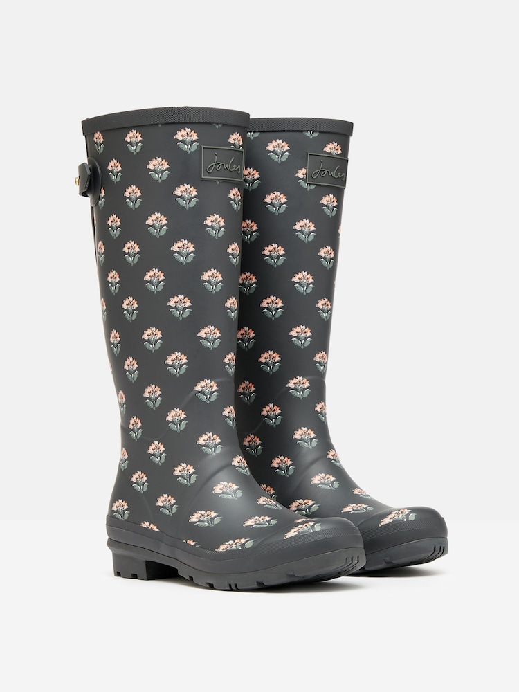 Joules Printed Grey Floral Adjustable Tall Wellies - Image 1 of 6