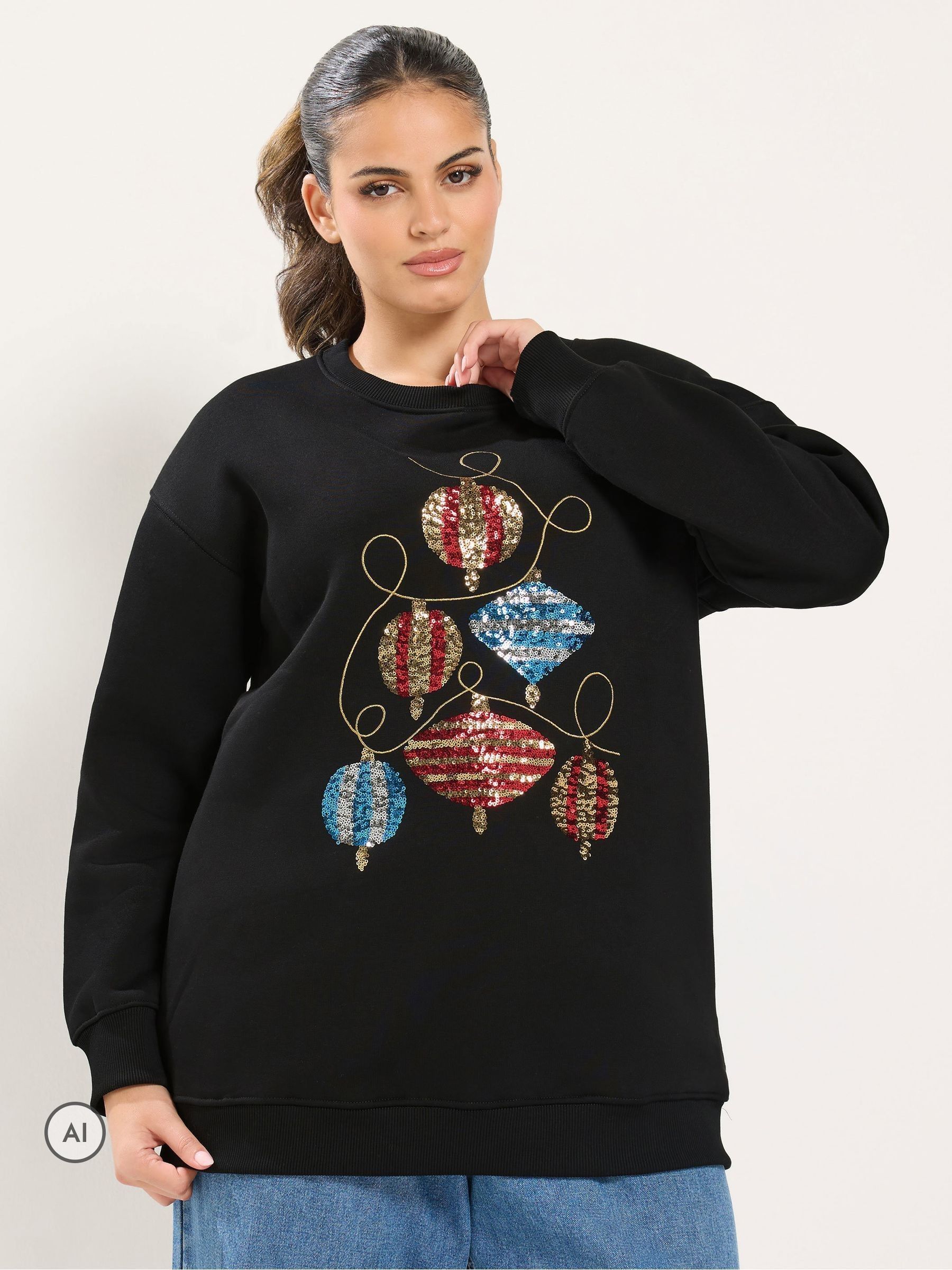 Yours Women's Black Sequin Bauble Novelty Sweatshirt In Size 30-32 - Image 5